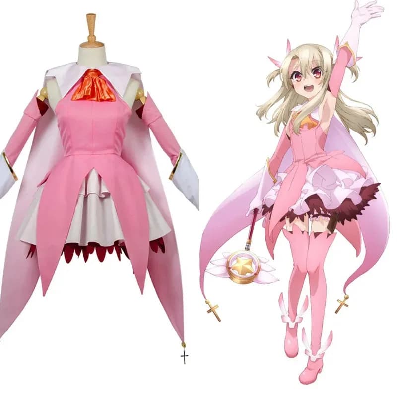 Anime Fate Kaleid Liner Prisma FGO Illya Costume Cosplay Abito rosa Gonna a strati superiore con mantello Halloween personalizzato
