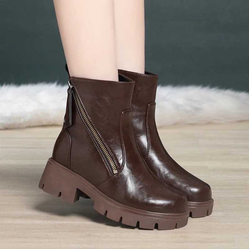 5 centimetri Confortevole Retro Stivali di Pelle Morbida Scarpe di Pelliccia delle Donne Della Piattaforma 2026 di Inverno Tacco Quadrato di Lana Calda Caviglia Stivali Da Moto Mamma