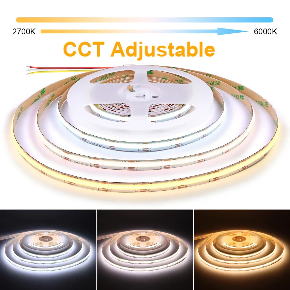 608 LED/M 3 colori in uno Strisce LED COB CCT Bianco caldo/Bianco neutro/Bianco Nastro dimmerabile DC12V 24V Decorazione da parete