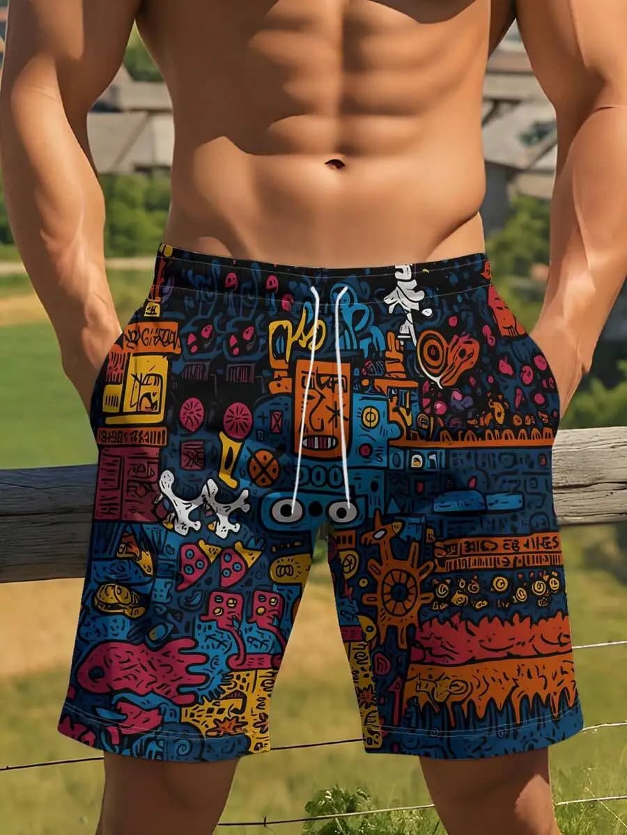 Mens Beach Shorts 3D Digital Print Casual Drawstring Swim Trunks