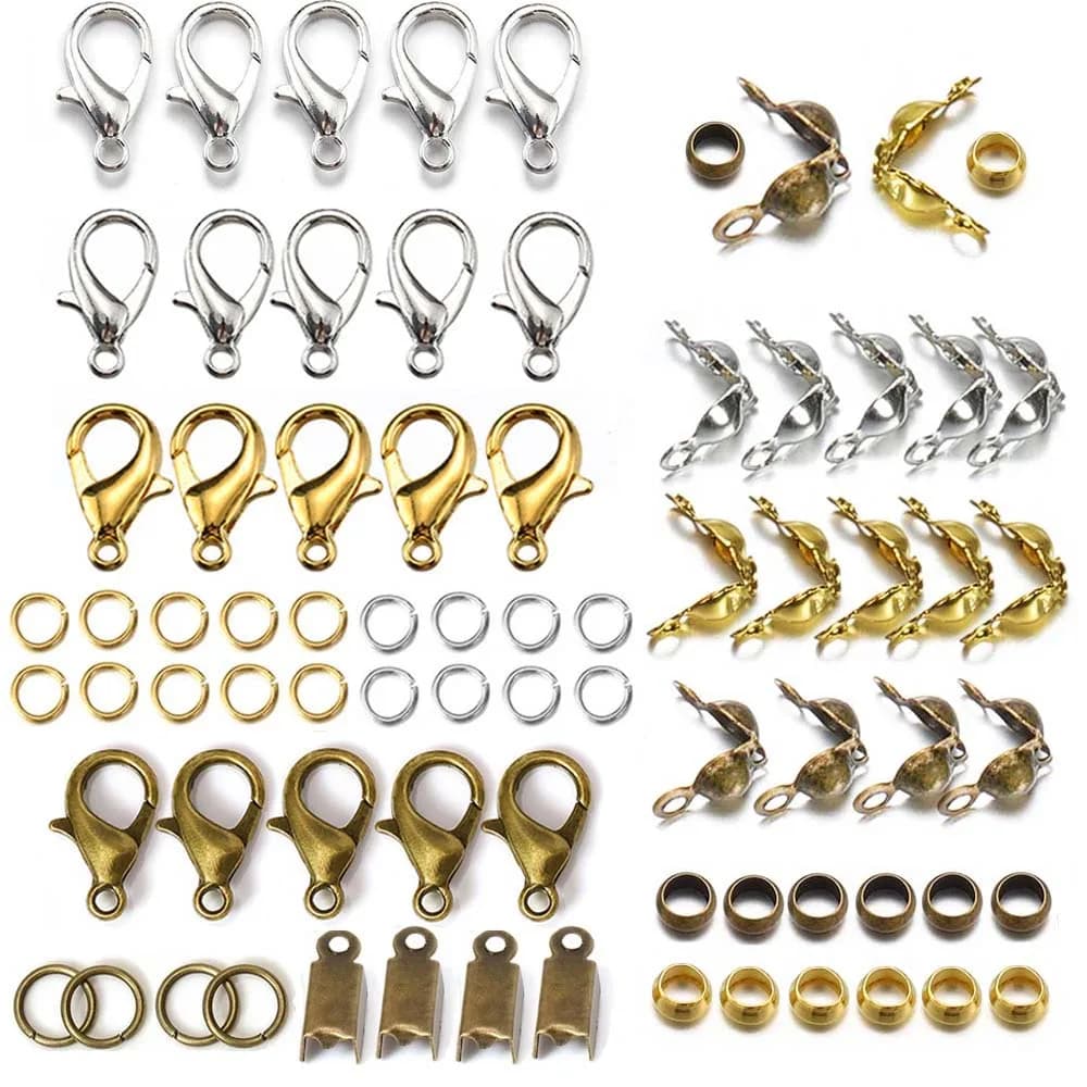 100 pezzi kit per la creazione di gioielli componenti chiusura a moschettone anelli di salto connettore perline terminali a crimpare per catene di collane braccialetto fai da te