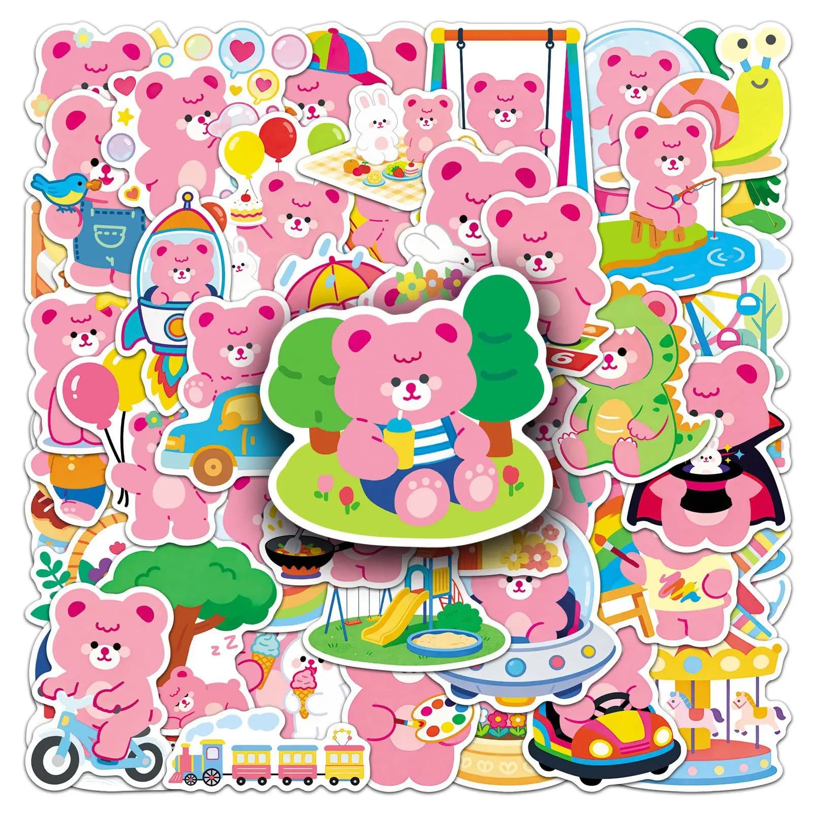 50-Pack Adorable Spring Bear Doodle Stickers Pink Waterproof Decorative Decals for Guitar Luggage Notebook Stationery