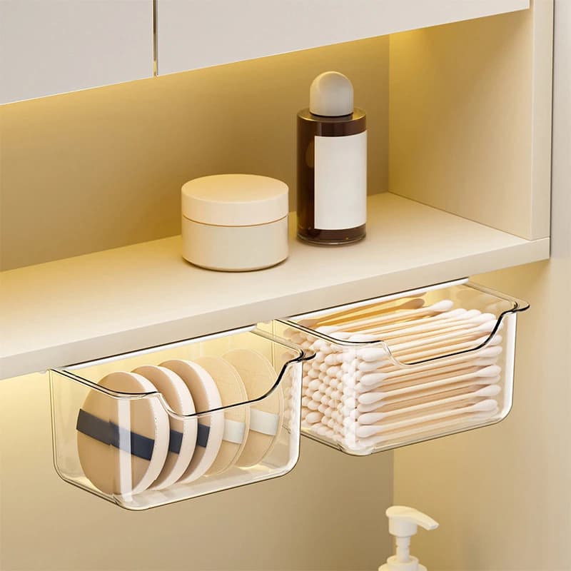 Scatola portaoggetti stile cassetto 1PC sotto l'armadietto a specchio Bastoncino di cotone trasparente per bagno Trucco in cotone per bagno estraibile
