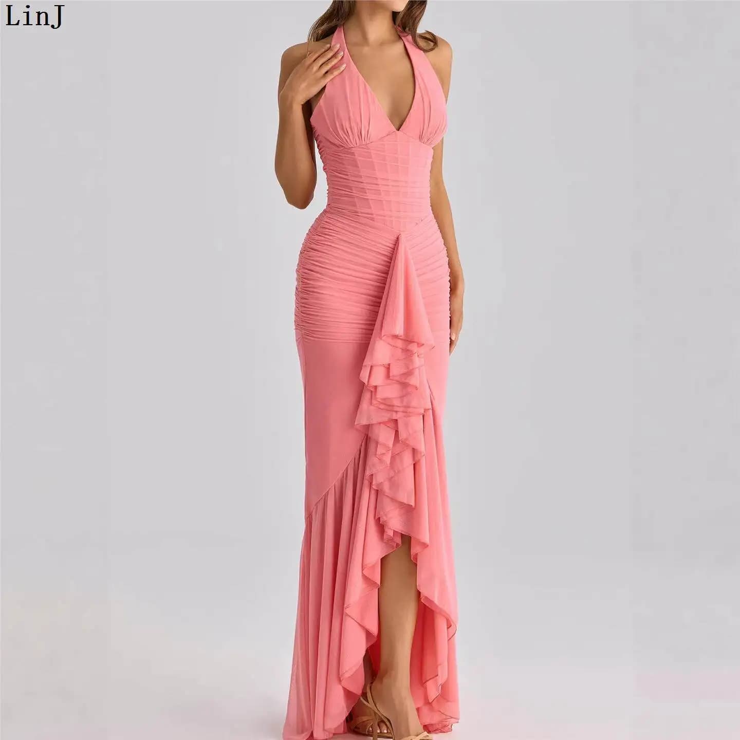 LinJ Spicy Girl 2026 Off-Shoulder Pleated Slim Fit Dress Tulle Skirt mid Waist Polyester Fiber No Sleeve V-Neck Casual Dress