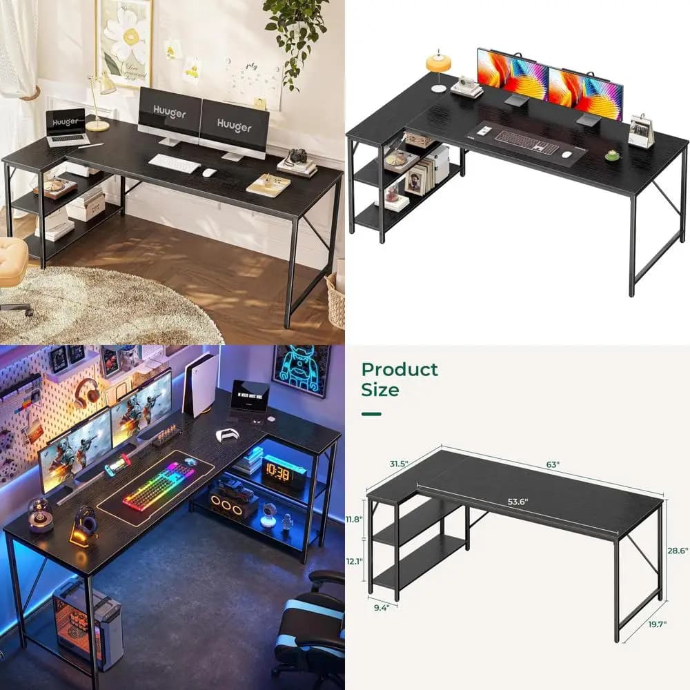Scrivania per Computer a L da 63 Pollici con Spazio di Archiviazione Reversibile, Ideale per Gaming, Ufficio Domestico e Studio in Nero