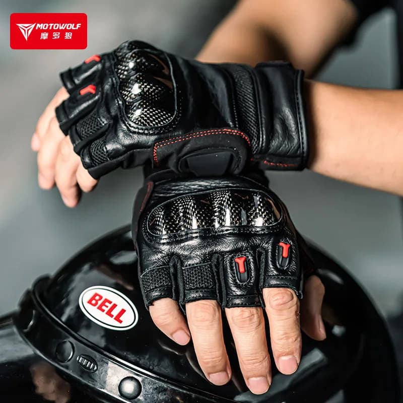 Guanti mezze dita da equitazione estivi da moto guanti protettivi da uomo in pelle Anti-goccia in fibra di carbonio traspirante