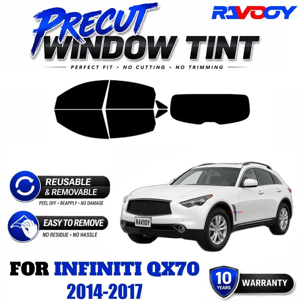 RAVOOY Precut Window Tint, Reusable Removable EPU Film, Custom Fit for Infiniti QX70 2014-2017, UV Heat Protection