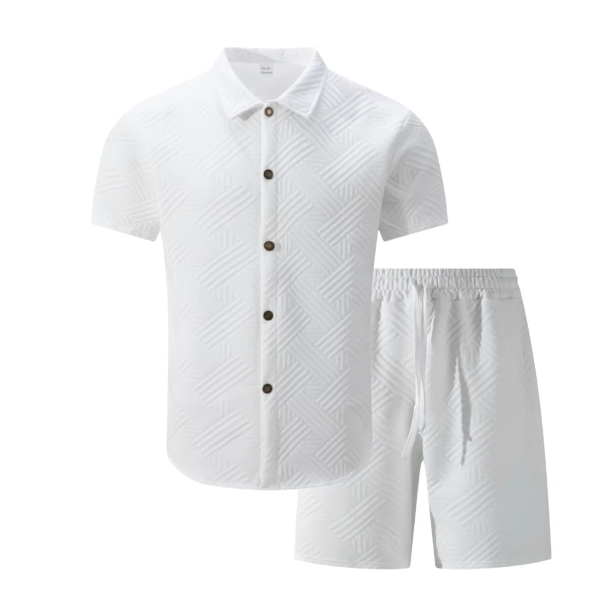 Men Summer Jacquard Textured 2 Piece Outfit, Short Sleeve Shirt & Drawstring Elastic Waist Shorts, Street Vacation Casual Suit