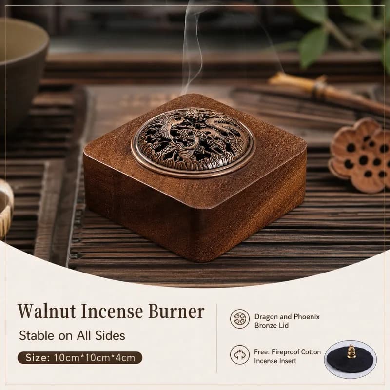 Vintage Walnut Wood Incense Stick Burner Storage Box with Lid Square Zen Tea Ceremony Incense Burner for Home Use