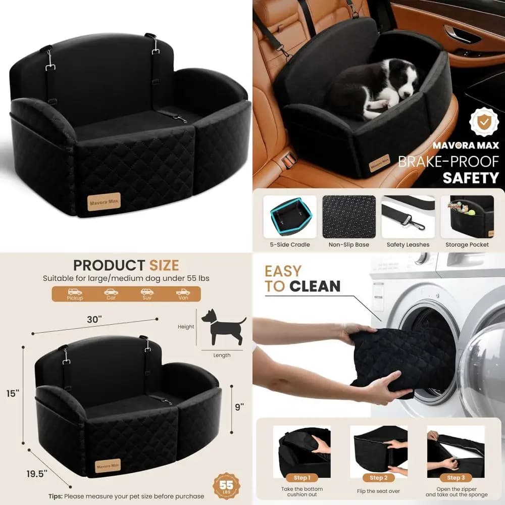 Premium padded dog seat for medium/large dogs up to 25 kg or 2 small dogs with removable cover and 2 safety leashes