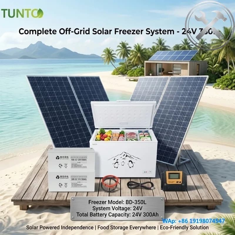 Congelatore a Compressore Solare da 350L DC24V con Pannello Solare e Batteria per Conservazione di Pesce, Carne e Gelato
