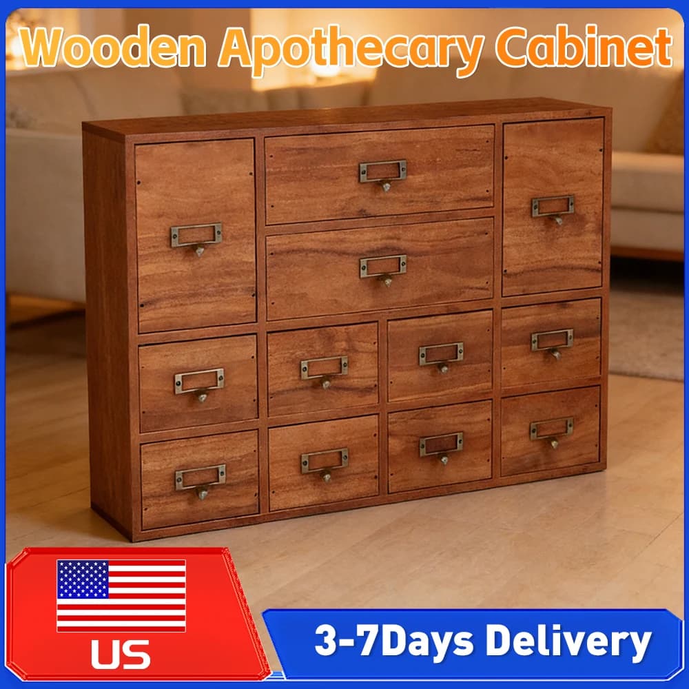 Desk Organizer in Wood with 12 Drawers, Pharmacy Style, with Slot for Labels and Handle, for Chancellery, Bedroom, Office, New