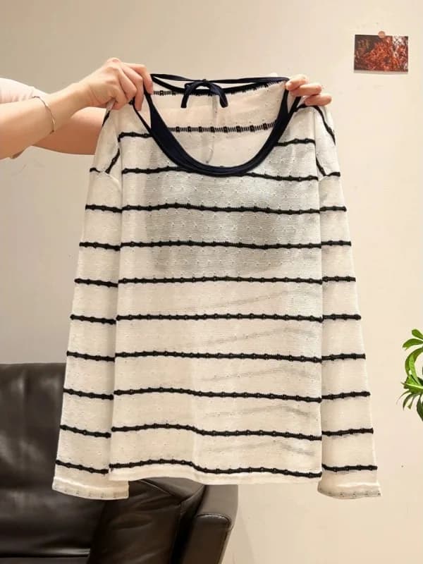 Completo estivo da donna in stile coreano: T-shirt a maniche lunghe e gilet con laccetto al collo, traspirante e confortevole per il sole.