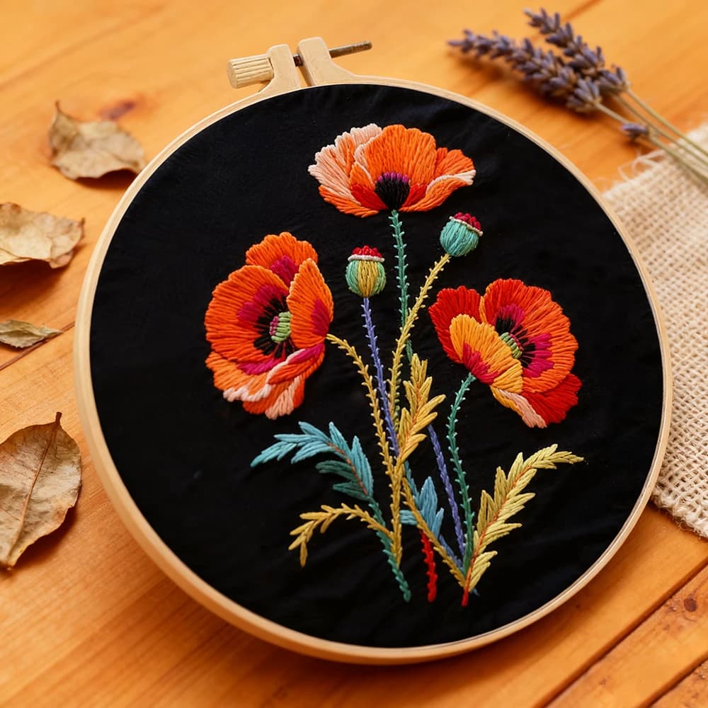 1pc Set punto croce fiore papavero cucito fai da te con ago cerchio kit da ricamo per adulti floreale rosso decorazione della parete di casa fai da te