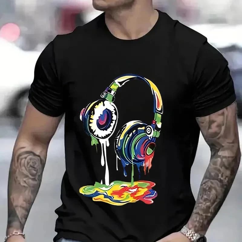 T-shirt Oversize Estiva da Uomo con Grafica Hip Hop Melting Headset, Maglietta Casual da Uomo Streetwear con Stampa Divertente, Top Cool
