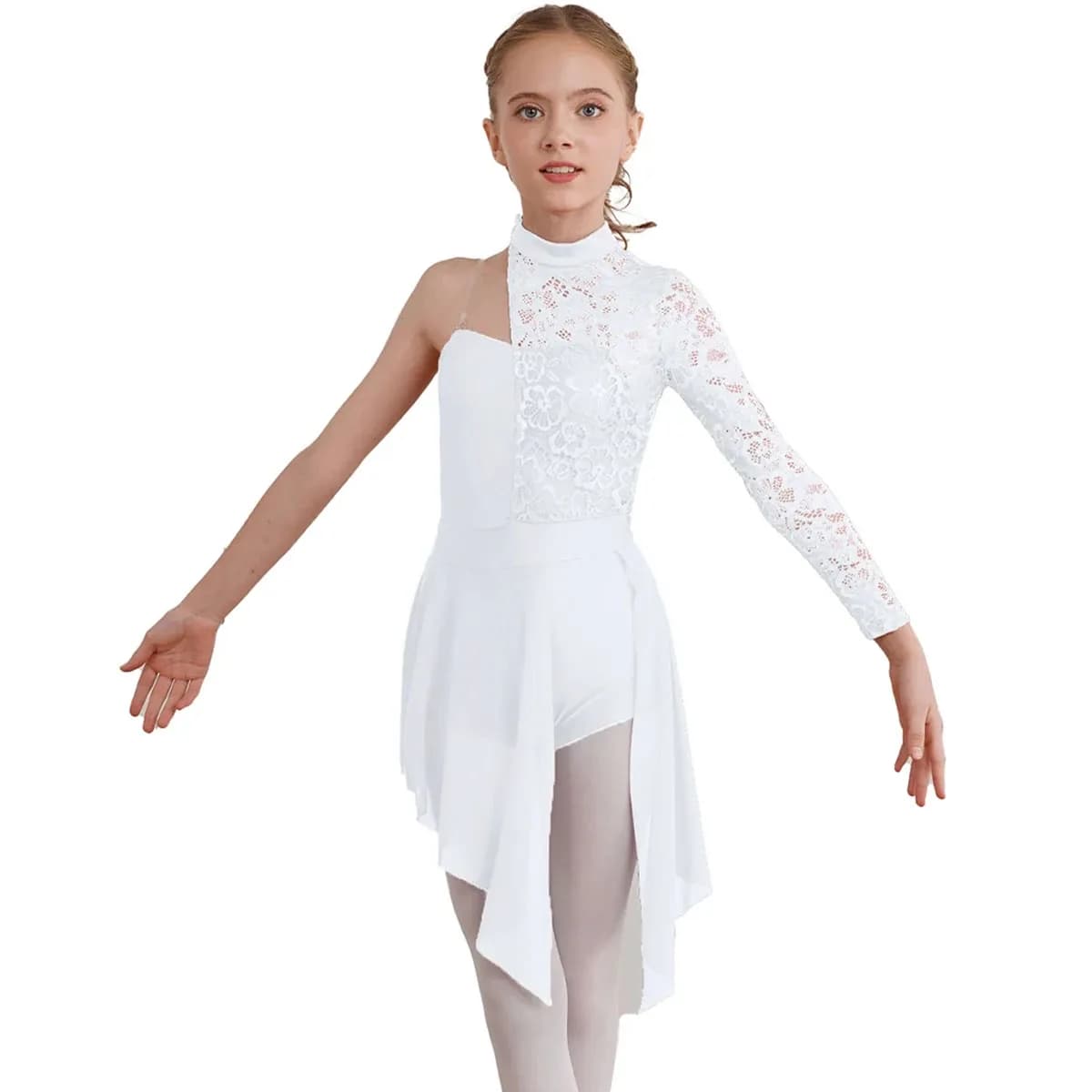 Abito da ballo moderno lirico monospalla per bambina, in pizzo, asimmetrico, diviso, per balletto, ginnastica, pattinaggio di figura, body da ballo