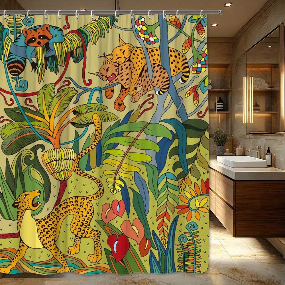 Tenda da doccia 1 pezzo Jungle Cheetah - Design audace di ghepardi e fogliame tropicale, tessuto lavabile in lavatrice da 70,87x70,87 pollici Ba