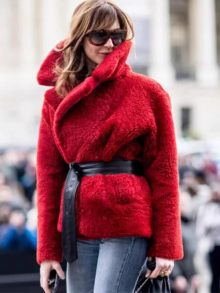 Winter Thickened Warm Cotton Short Coat Women's Street Style Fashionable Red Leatherette Jacket with Belt by Naturaleye