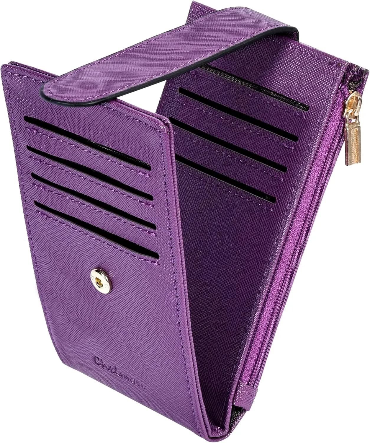 Portafoglio sottile da donna con protezione RFID: Porta carte sottile a due ante con custodia multi-card e portamonete con cerniera (Viola Scuro)