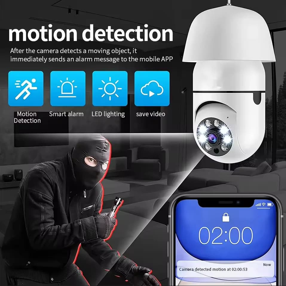 Telecamera Lampadina E27 1MP, App Gratuita, WiFi, IP Cam Wireless, Tracciamento AI, Monitoraggio Interno per Animali Domestici e Bambini, Videosorveglianza Domestica 24H