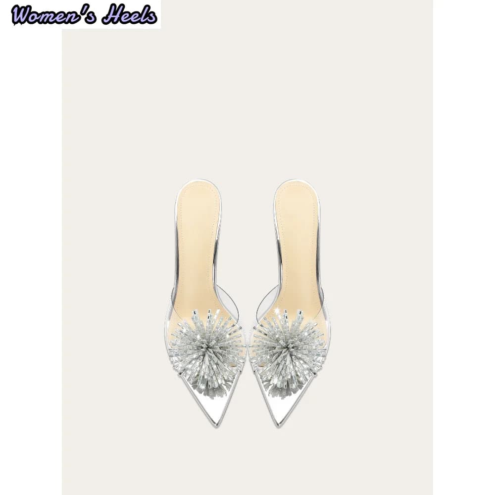 French Style Silver Pointed Toe Slippers Women Rhinestone High Heel Transparent Sandals