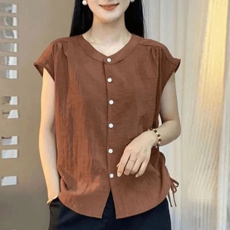 Camicia casual con lacci tinta unita con o-collo alla moda 2025 Estate nuove top coreani camicetta da pendolarismo ampia