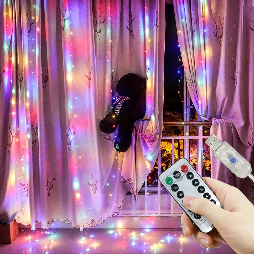Tenda luminosa a LED per feste, ghirlanda per finestra, luci a stringa USB, decorazione natalizia per la stanza, festone per matrimoni, telecomando per la casa