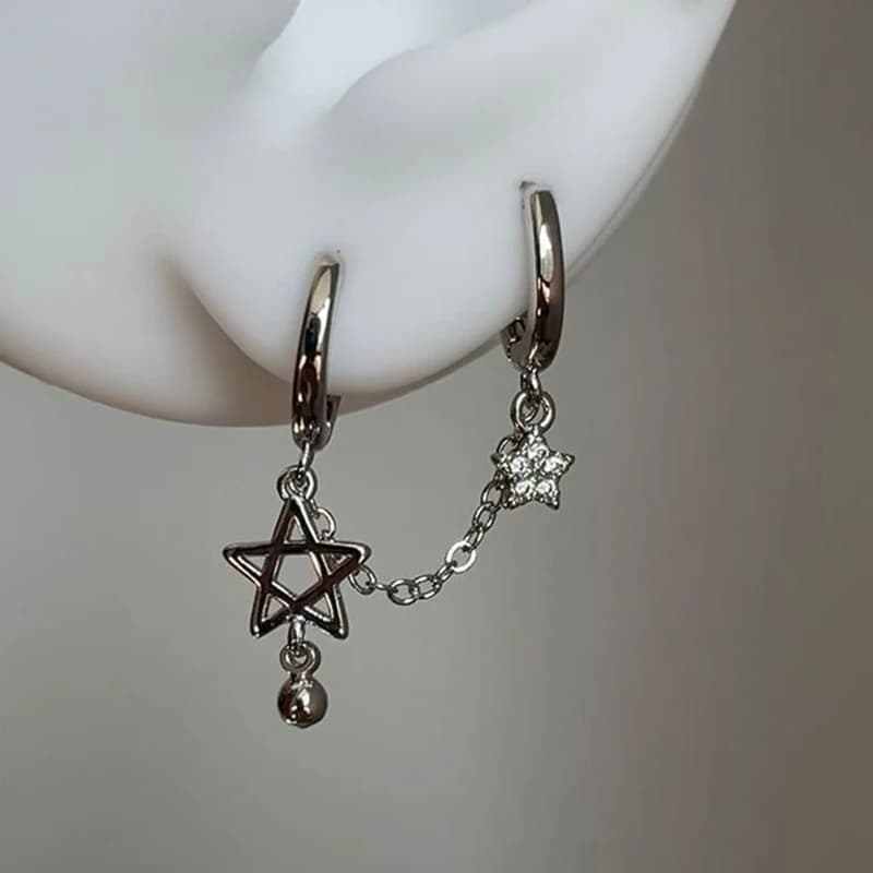 [HS][HS] 1 Pezzo Orecchino a Stella Color Argento con Catena, Doppio Foro, Stile Y2K, Gioielli da Donna
