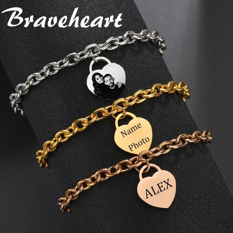 Bracciale a cuore inciso personalizzato Nome personalizzato Foto per donna Uomo Regali di gioielli con catena da polso in acciaio inossidabile Dropshipping