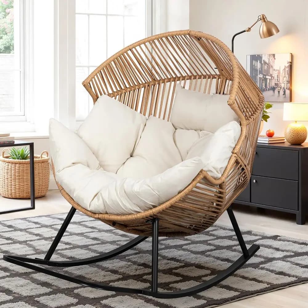 TIFICY Rattan rocking chair with cushion, outdoor patio oversize rocking chair, interior, balcony, courtyard, garden, Beig