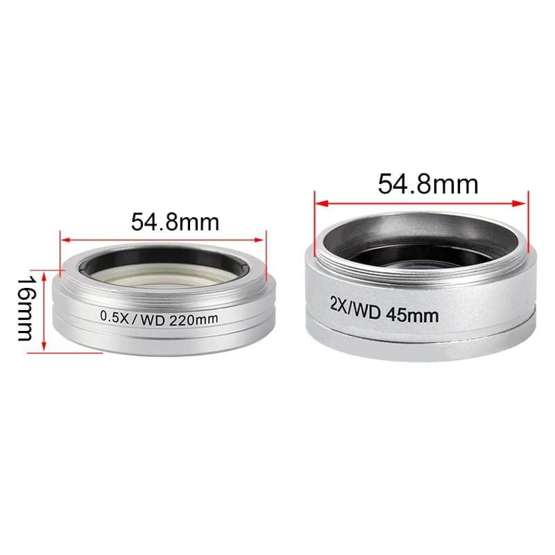 Obiettivo ausiliario per microscopio stereo 0,5X/2X Interfaccia di installazione 54,8 mm Distanza di lavoro 45-220 mm