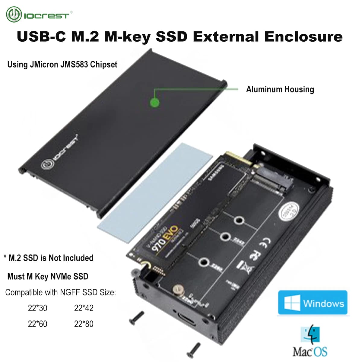 Custodia per disco rigido IOCREST da USB 3.1 a M.2 NVMe JMS583 Chip Type-c USB-C Ngff M-key SSD Custodia esterna con custodia per cellulare