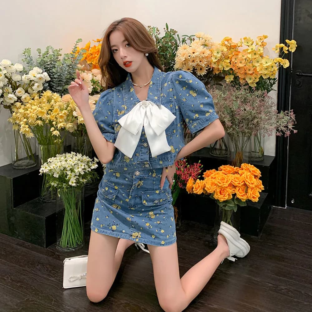 Estate dolce floreale gonne di jeans abiti da donna bavero manica a sbuffo giacca di jeans cappotto + gonna a vita alta top corti carino set a due pezzi