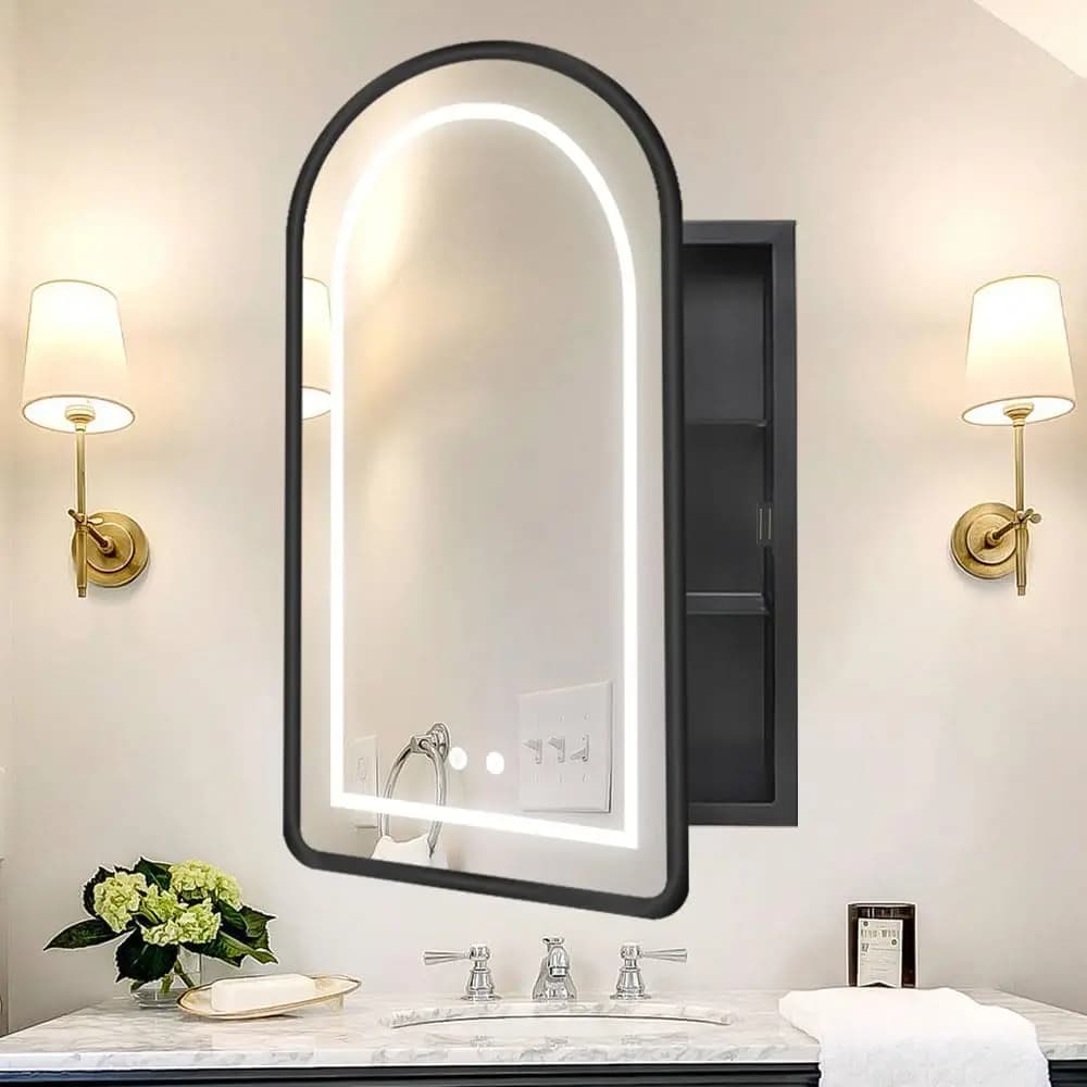 Armadietto a Specchio LED da Bagno 20x31 Pollici, Nero, Incassato, con Ripiani Regolabili, Antiappannamento, Dimmerabile, Personalizzabile