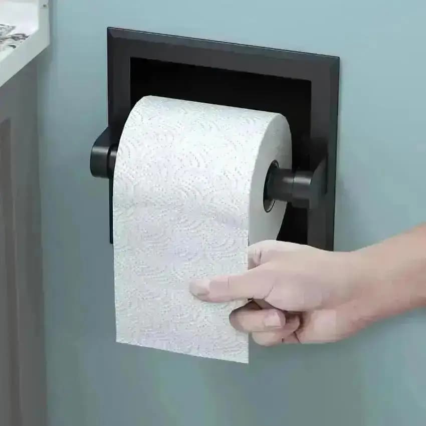 1 Pcs Black Metal Wall Mount Toilet Paper Holder With Mounting Bracket Recessed Bathroom Tissue Roll Storage Rack