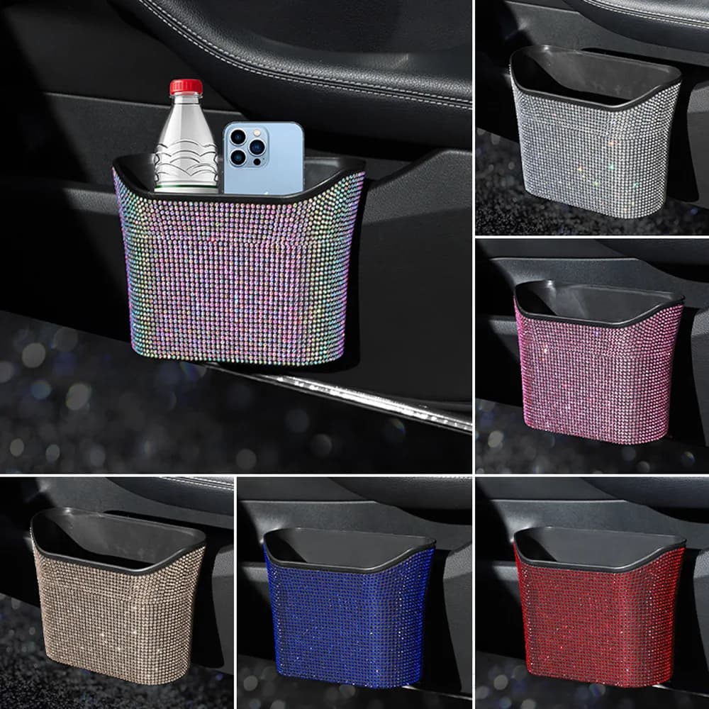 Pattumiera per auto in cristallo di diamante, multifunzione, appesa per porta automatica, sedile posteriore, scatola portaoggetti, secchio portaoggetti, accessori per auto bling