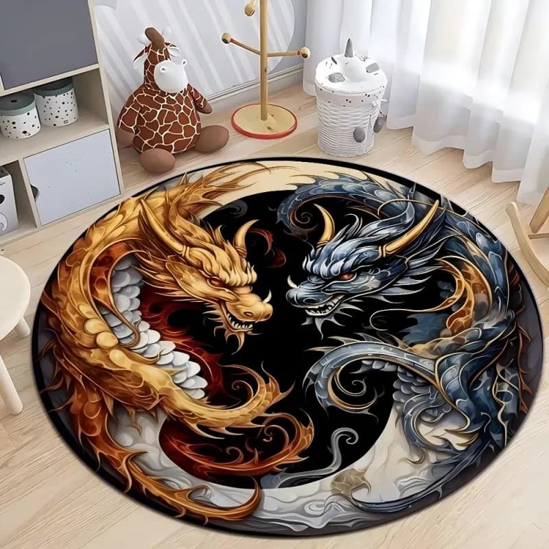 Tappeto Rotondo Yin Yang con Drago, Elegante Tappeto Cinese Feng Shui con Totem Oro e Argento per Soggiorno, Camera da Letto, Man Cave