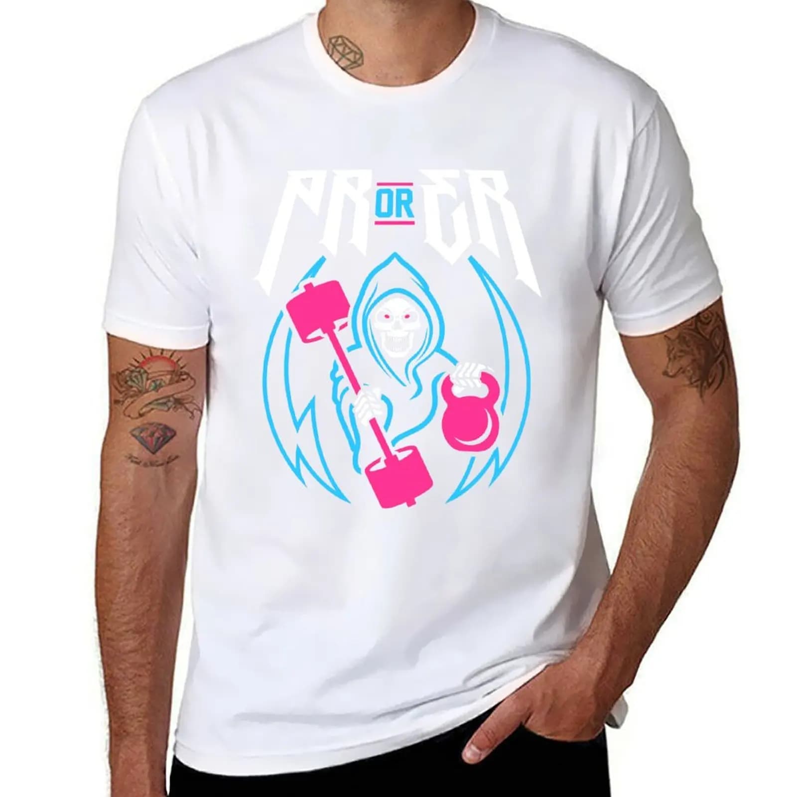PR or ER (Gym Reaper Kettlebell & Barbell) Fun T-shirt for weight lifting, casual work style