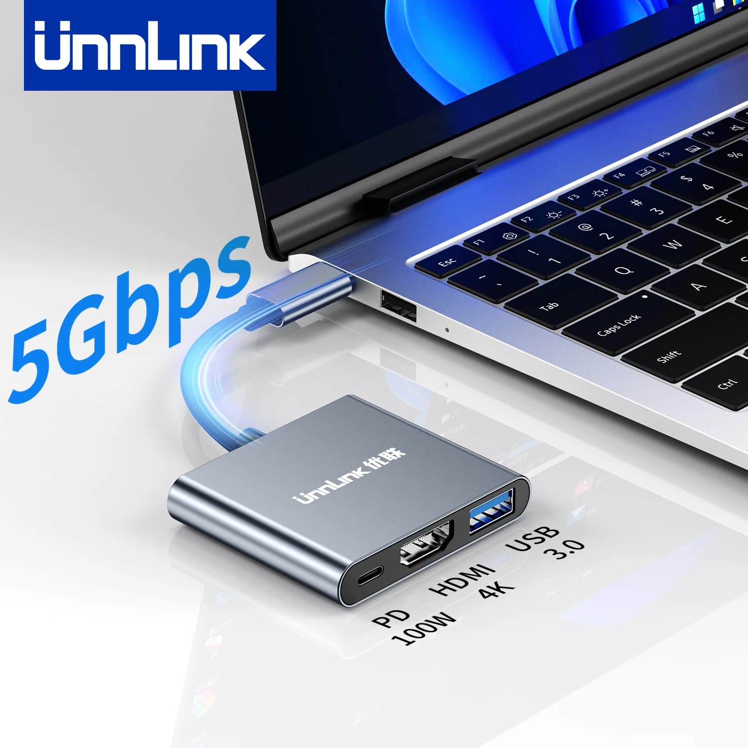 Hub USB 3 in 1 Unnlink, da USB Type C a HDMI 4K@30Hz + USB 3.0 + adattatore PD 100W per MacBook Mac Mini Laptop