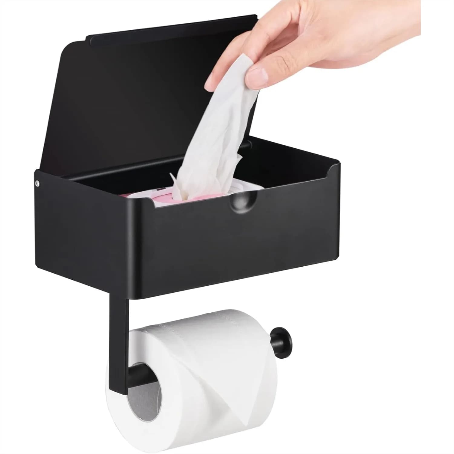 Portarotolo da parete con mensola e dispenser salviette, in acciaio inossidabile grande, nero opaco, installazione bidirezionale