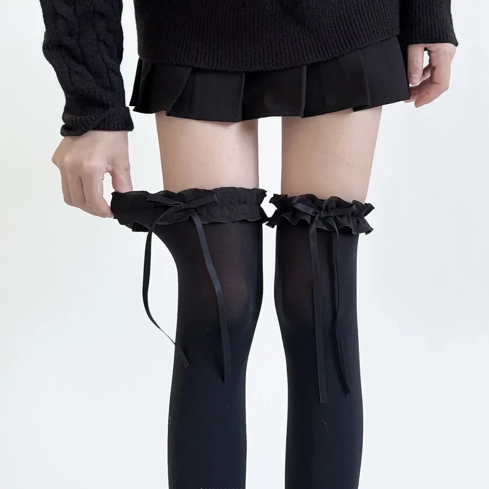 1 paio di calze da donna primavera estate dolce pizzo fiocco calze alte alla coscia stile giapponese Lolita ragazze Kawaii sopra i calzini alti al ginocchio