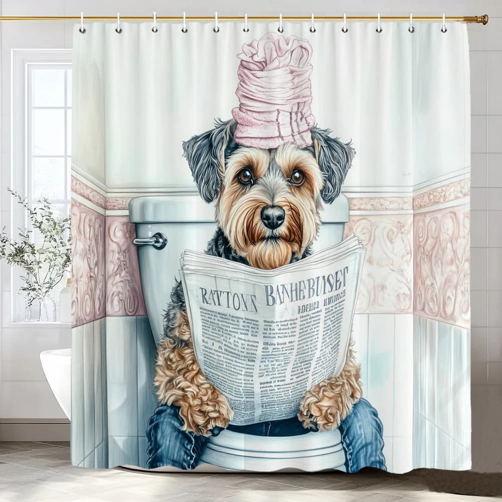 Funny Dog Reading newspaper on the toilet Shower Curtain, Bathroom Decorative Shower Curtain, Printing Shower Curtain with Hooks