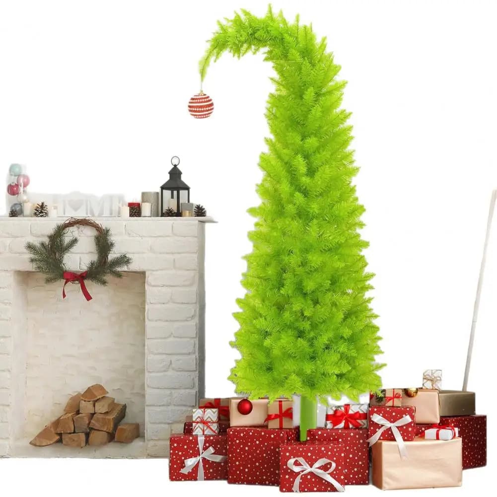2025 Albero di Natale con ago di pino illuminato Albero di Natale verde artificiale curvo superiore con decorazione per albero di Natale natalizio con luce a corda