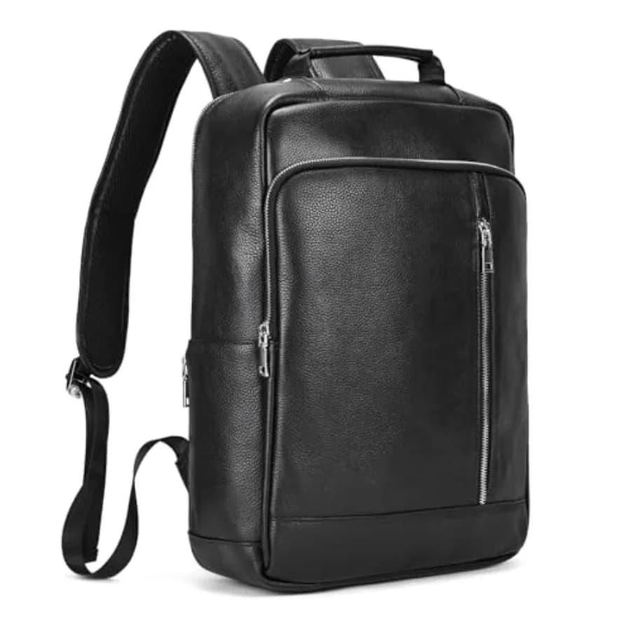 Zaino in Vera Pelle per Uomo, Borsa Casual per Laptop da 15.6 Pollici, Zaino da Viaggio per Affari e Outdoor con Manica per Trolley