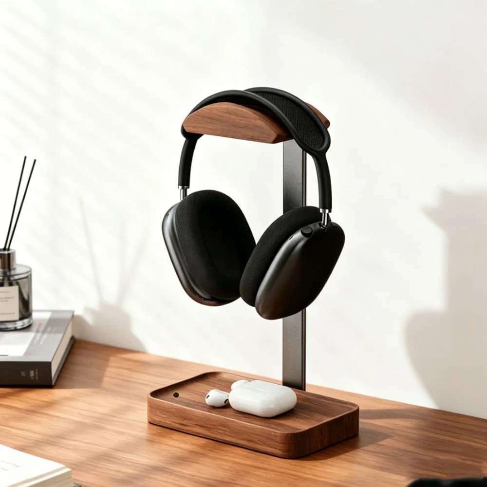 Solid Wood Headphones Stand with Storage Base Space Saving Gaming Headset Holder Multifunctional Desktop Bracket Display Shelf