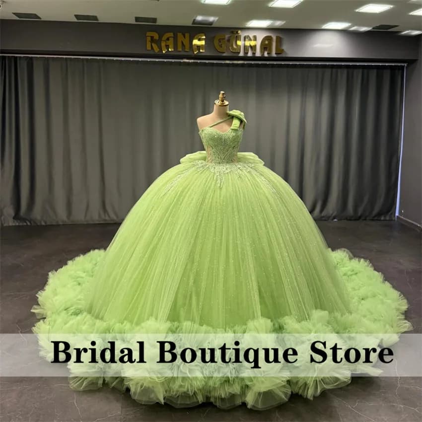 Verde Una Spalla 15 Anni Abiti Quinceanera Abito di Sfera Perline Applique Abito di Compleanno Messicano abiti xv anni Personalizzato