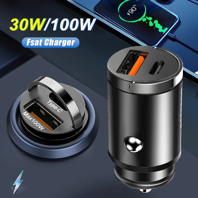Mini USB Car Charger 100 W Double Door Traction Ring Quick Charging Type C PD Car Adapter for iPhone Samsung Huawei Xiaomi iPad