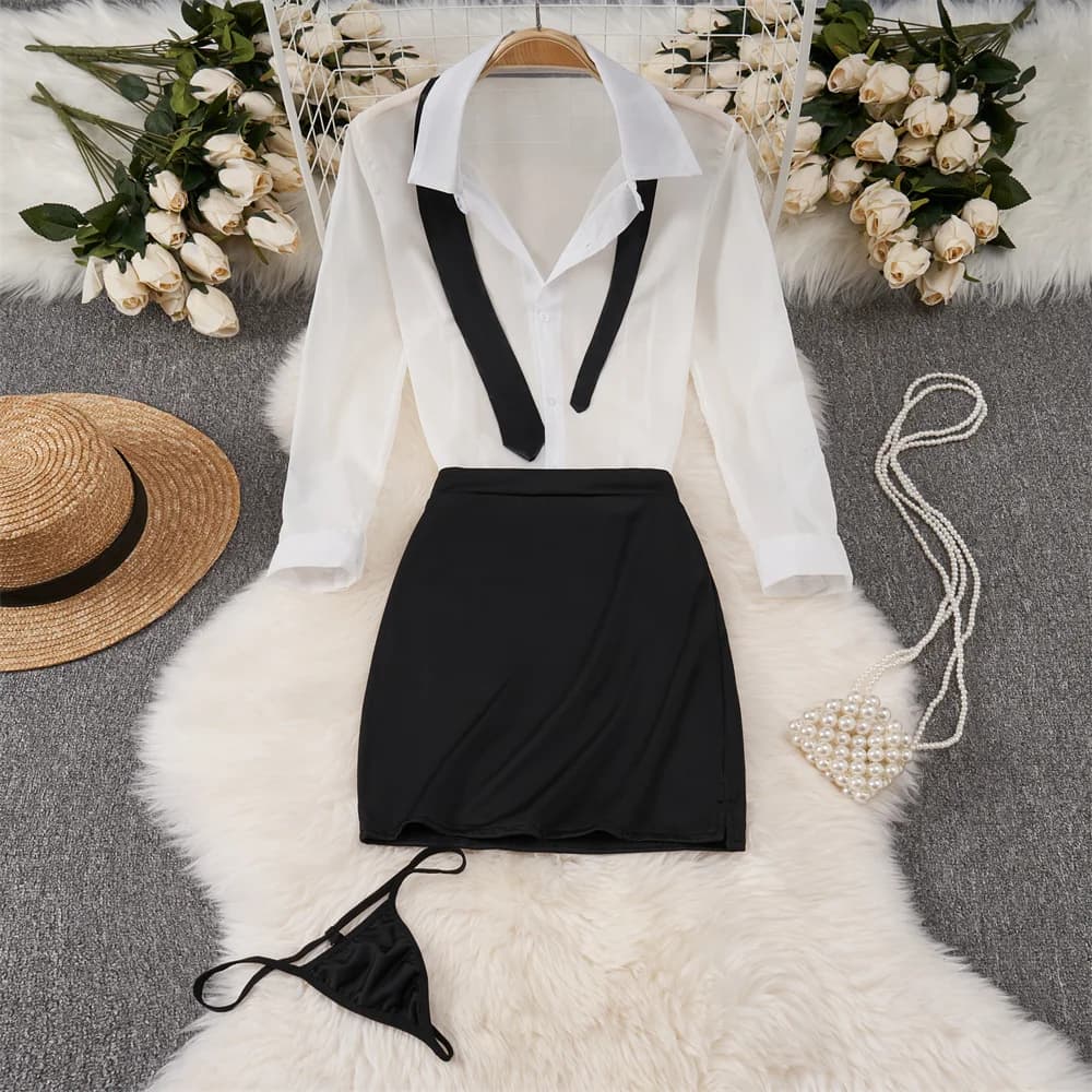 Transparent sexy long sleeve shirts and blouses with elastic waist Mini skirt Office Lady Cosplay Uniform erotic lingerie