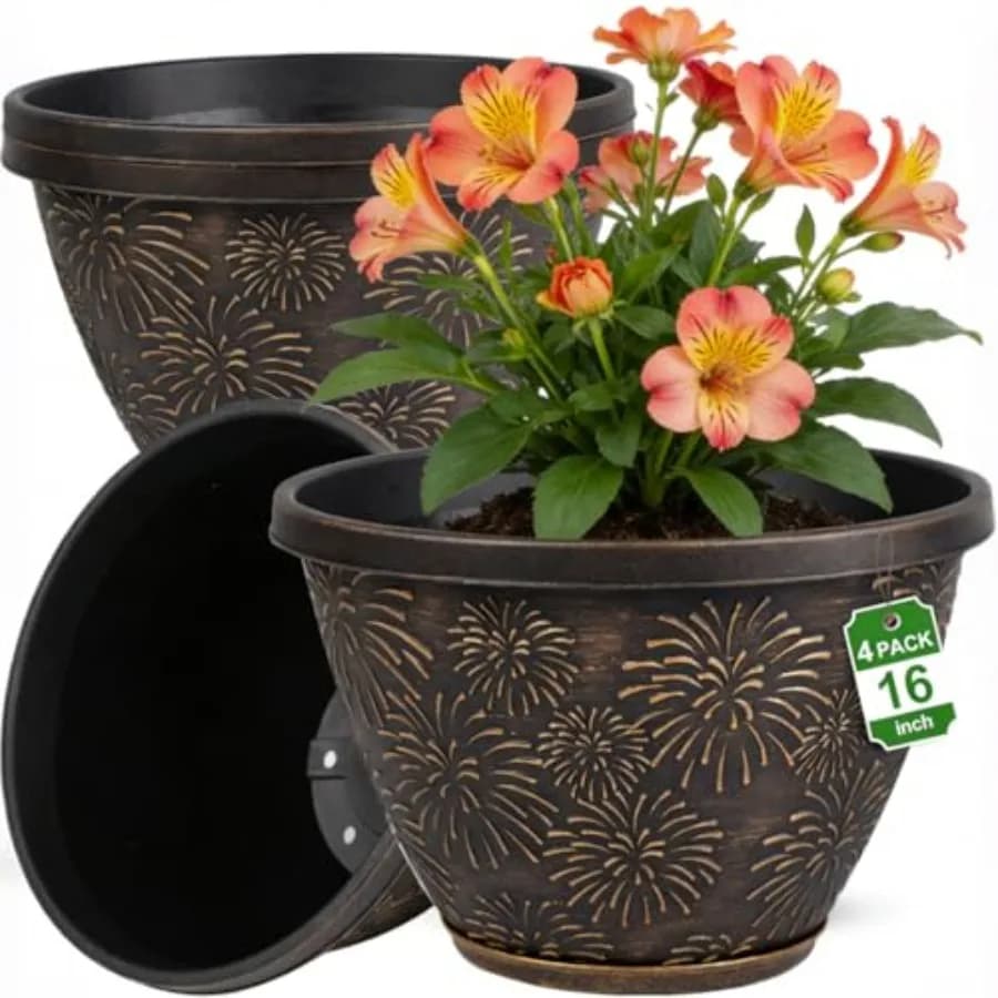 Set di 4 Grandi Vasi per Piante con Fori di Drenaggio e Sottovasi, Fioriere in Resina con Motivo a Fuochi d'Artificio, Vasi per Fiori da Esterno, Perfetti