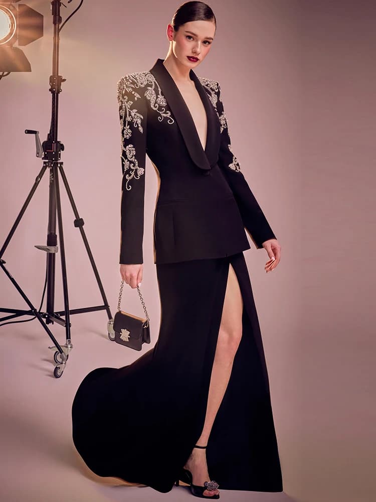 Nuovissima Moda 2026: Blazer con Diamanti e Strass per Donna, Gonna Lunga a Sirena con Perline